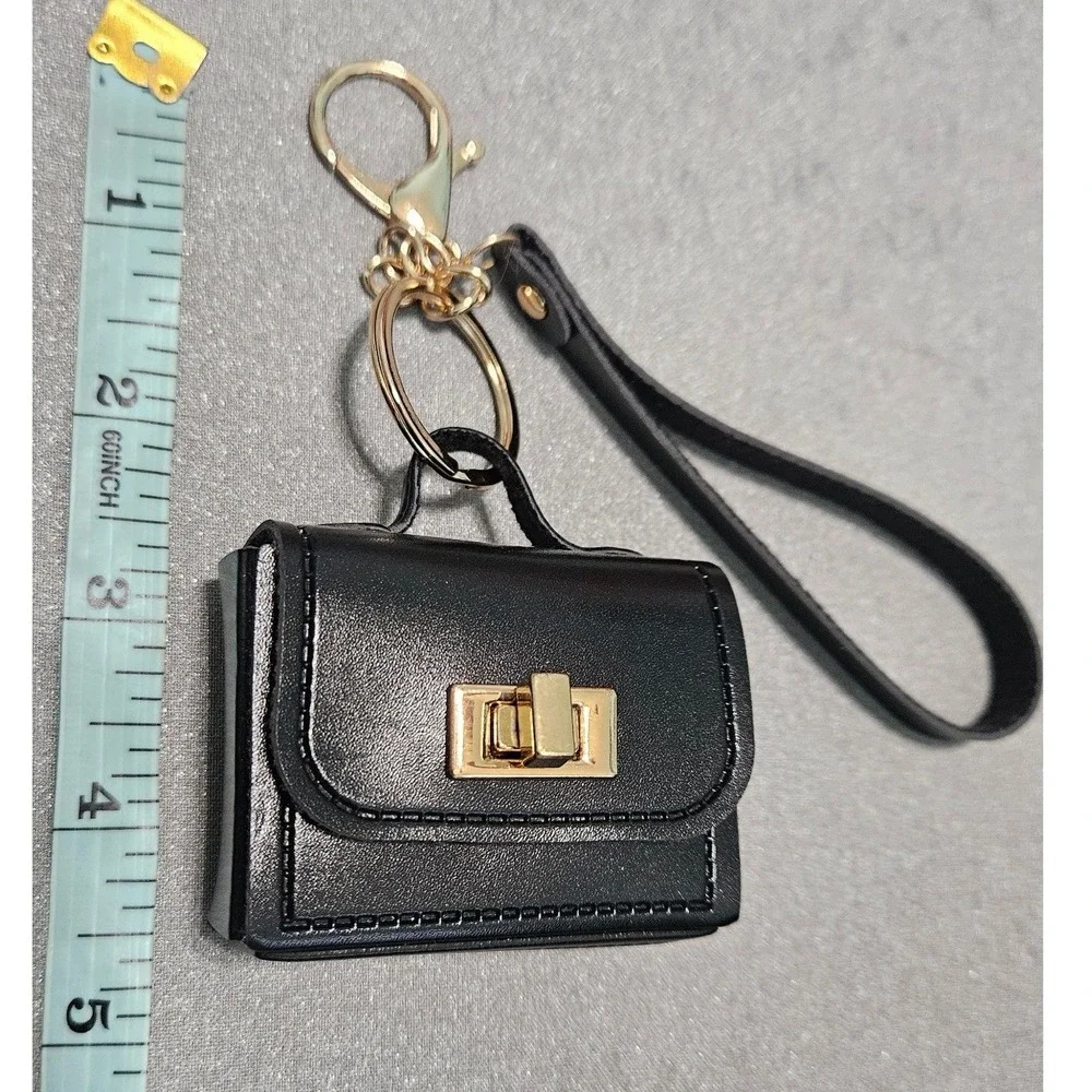 Black Faux Leather Mini Satchel Bag Charm Keychain Gold Turn Lock Accessory